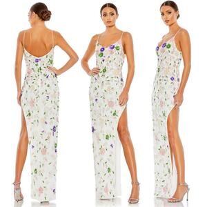 Mac Duggal NWT Embellished Lace Sleeveless Sequin Floral Gown White Size 4